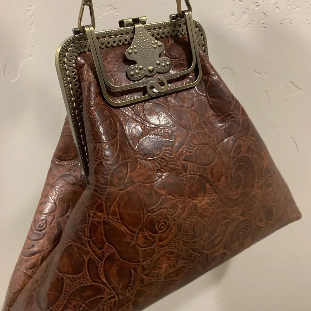 Brown Floral-Embossed Leather Shoulder Bag with Chain Handle